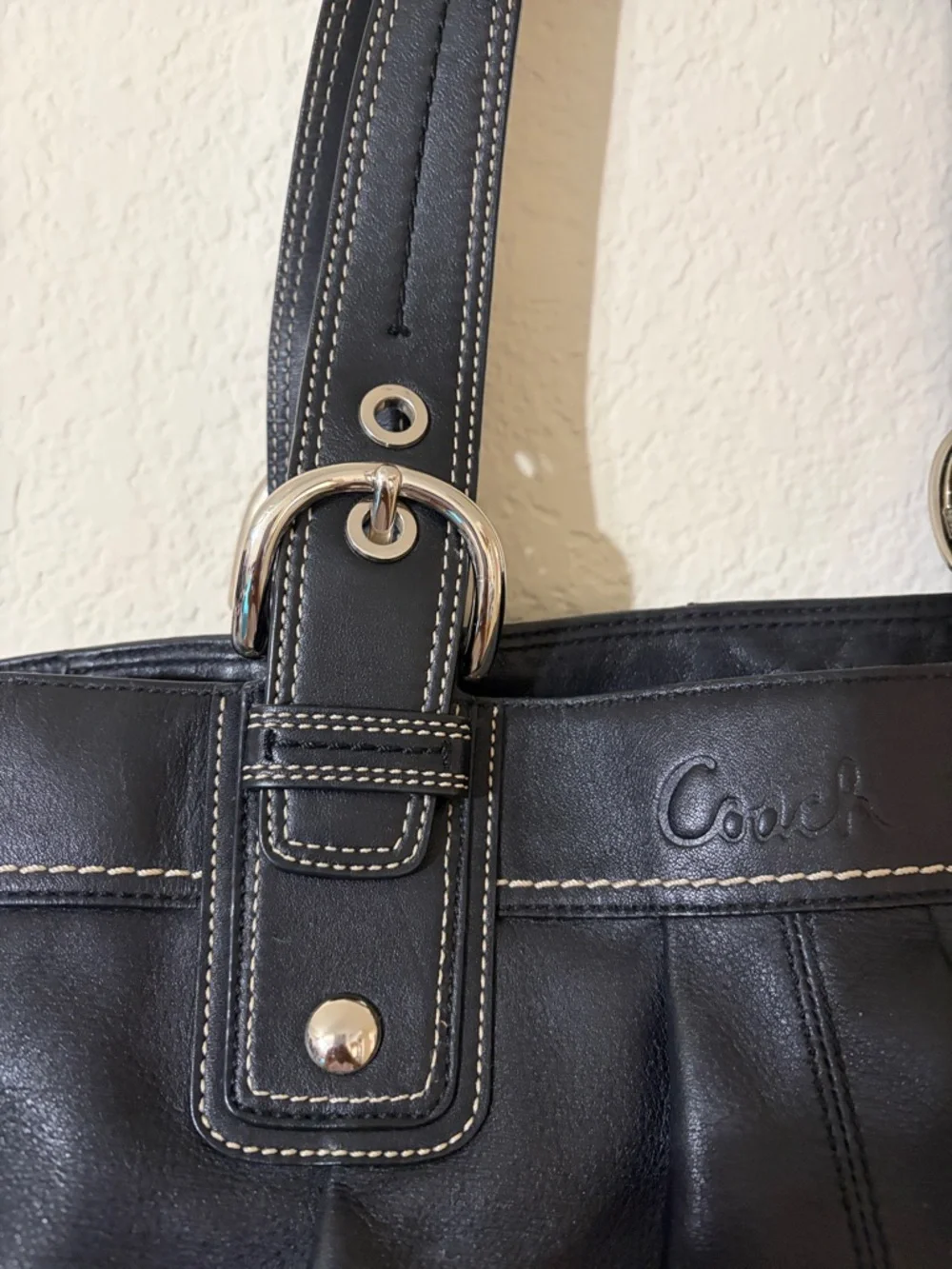 Coach Black Leather Shoulder Bag with White Contrast Stitching